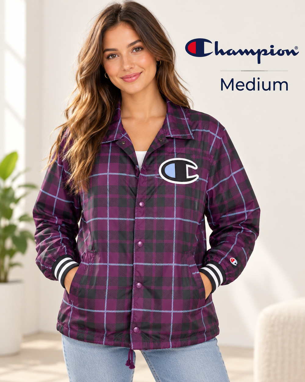 Champion Plaid Windbreaker Jacket Medium Purple Black Snap Front Logo
